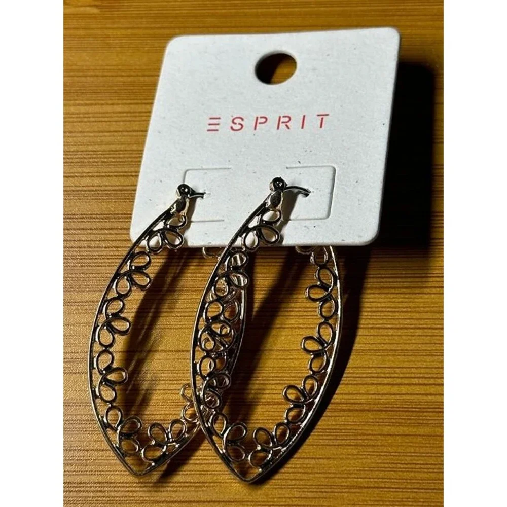 ESPRIT Gold Tone Filigree Teardrop Marquise Hoop Earrings Boho New Pair